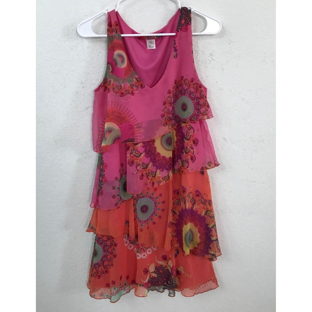 Desigual Womens Lina Dress XS/36 Pink Orange Print Layered Chiffon Sleeveless - Picture 2 of 10